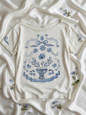 Hollister Blue Bow Floral Baby Tee Wide Neck Cottagecore Soft Girl Top